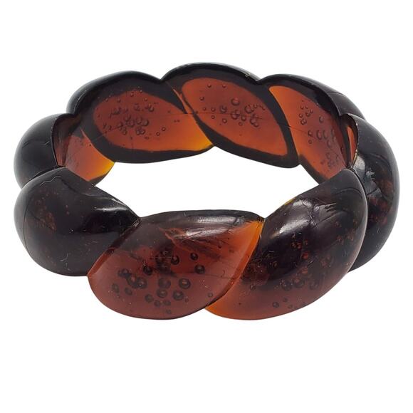 Vintage Root Beer Brown Acrylic Bangle Twisted Chunky Ribbed Bracelet Bubbles - Picture 1 of 9